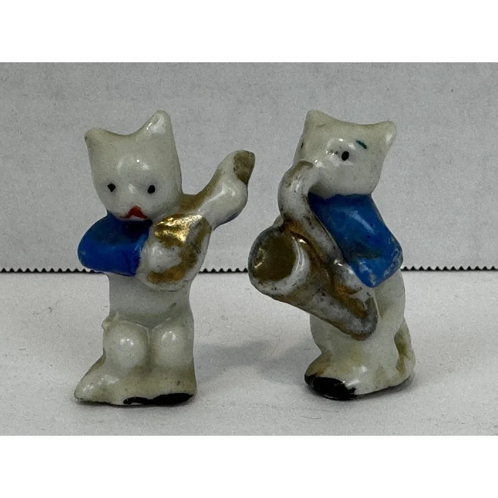 Vintage Miniature Porcelain Cats Playing Saxophone and Flute Made in Japan Set 2